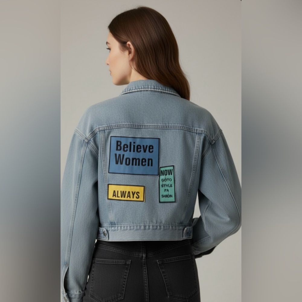 Quang Phat Women’s Crop Open Front Denim Jacket Believe Women Patch